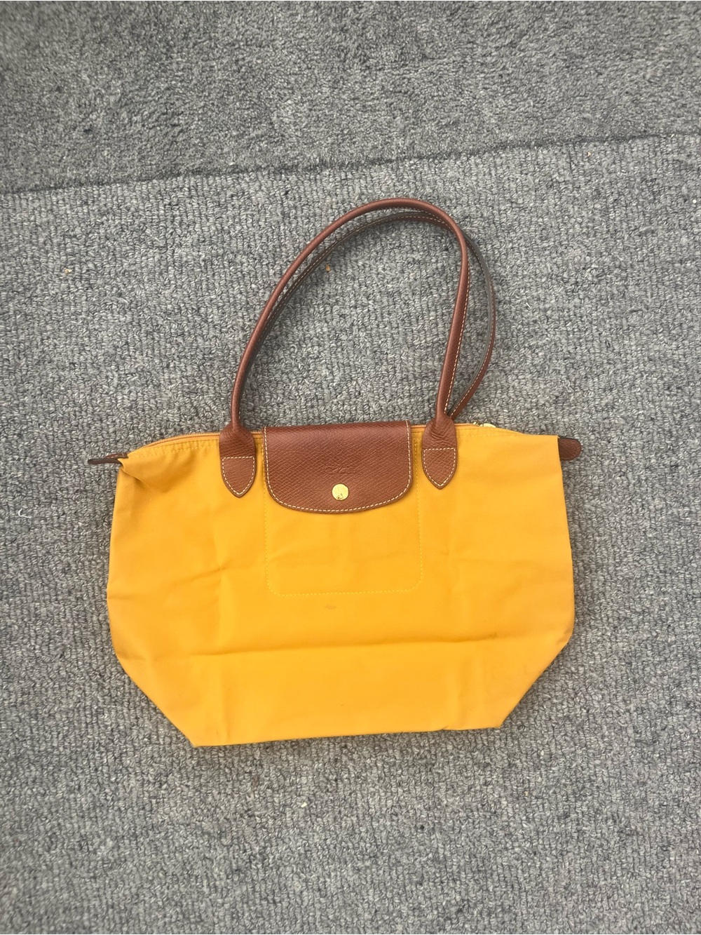 Longchamp Medium Orange Le Pliage with Brown Trim and Handles